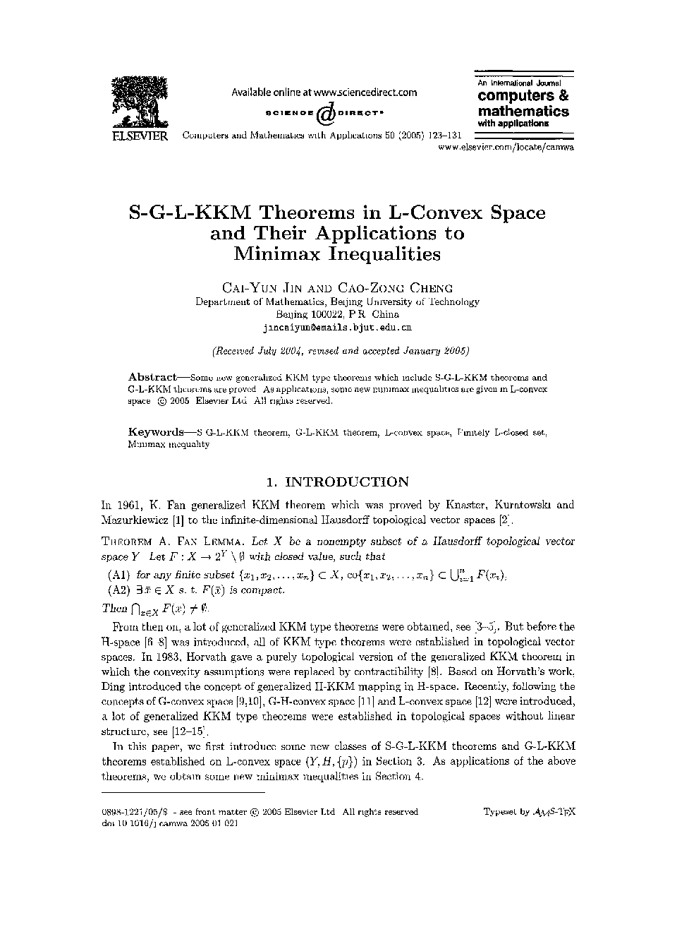 S-G-L-KKM theorems in L-convex space and their applications to minimax inequalities