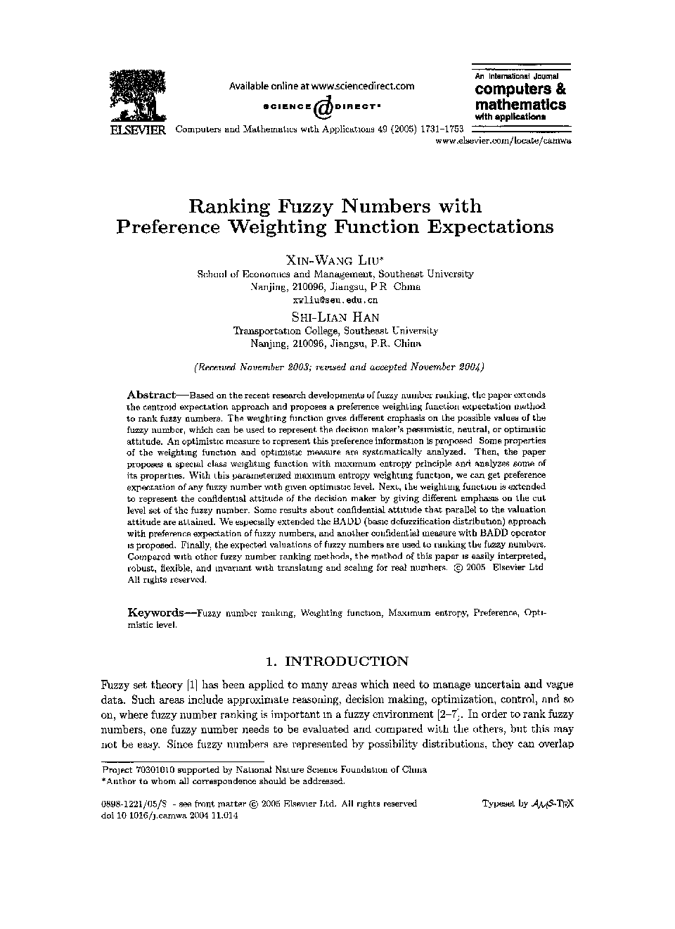 Ranking fuzzy numbers with preference weighting function expectations