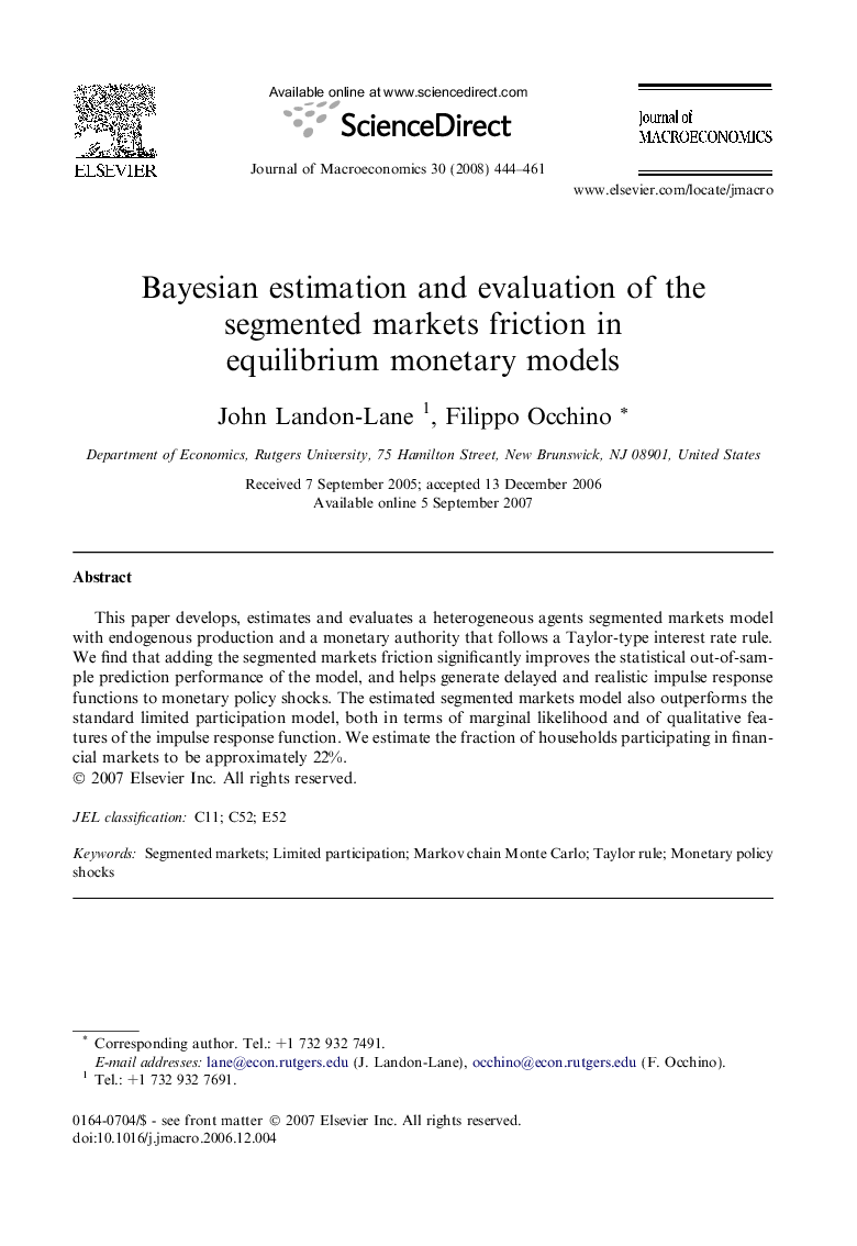 Bayesian estimation and evaluation of the segmented markets friction in equilibrium monetary models