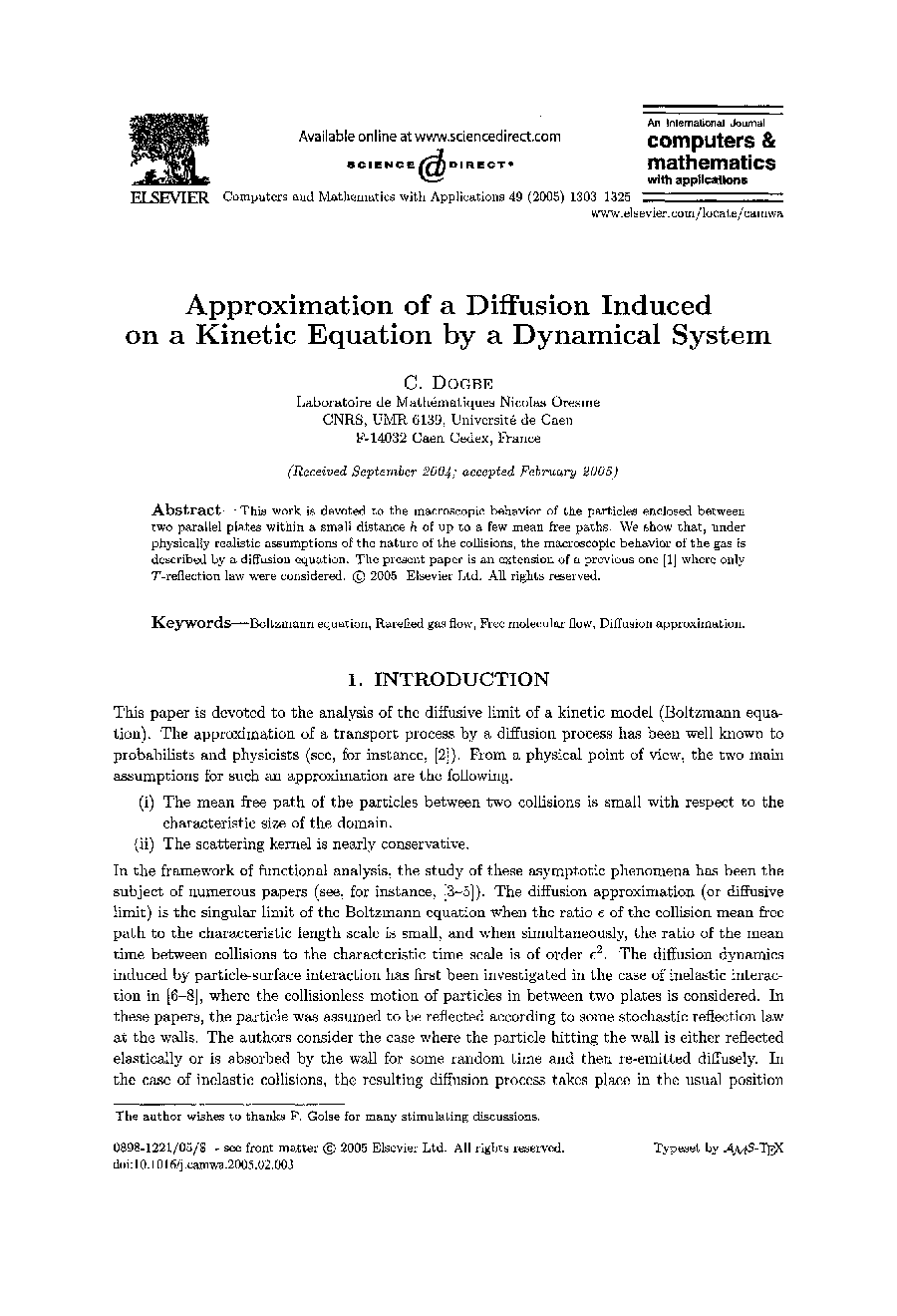 Approximation of a diffusion induced on a kinetic equation by a dynamical system