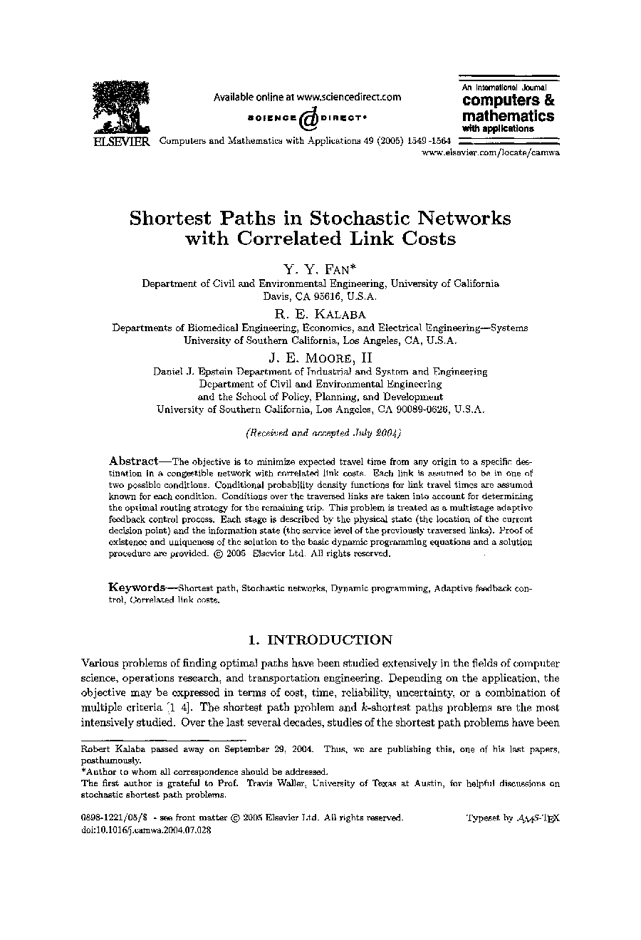 Shortest paths in stochastic networks with correlated link costs