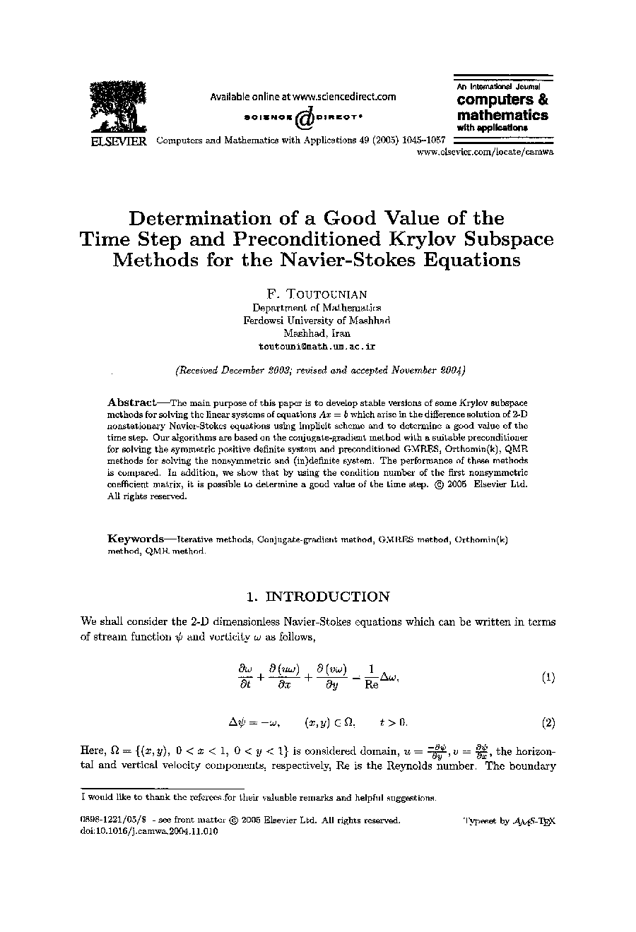 Determination of a good value of the time step and preconditioned Krylov subspace methods for the Navier-Stokes equations