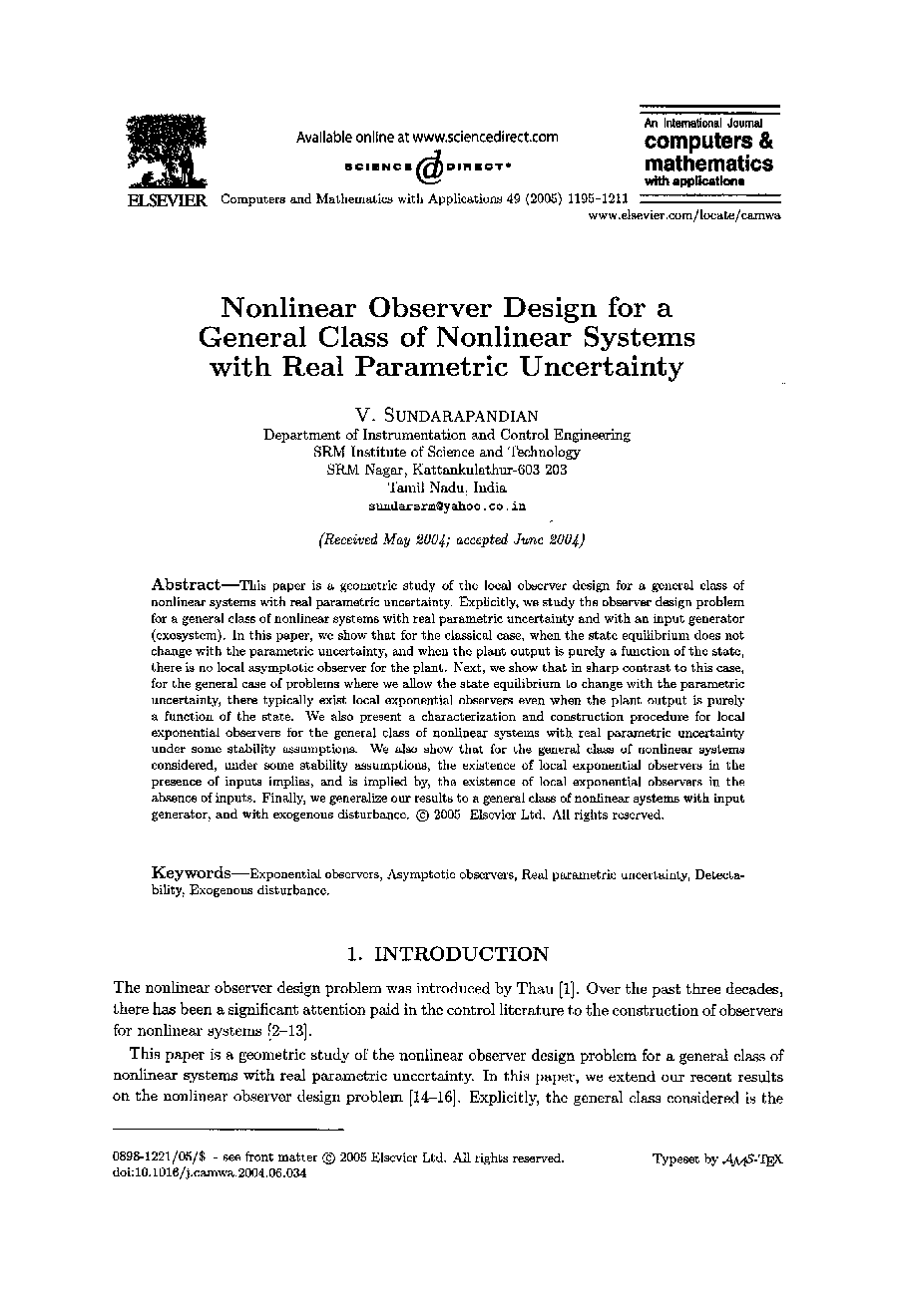 Nonlinear observer design for a general class of nonlinear systems with real parametric uncertainty