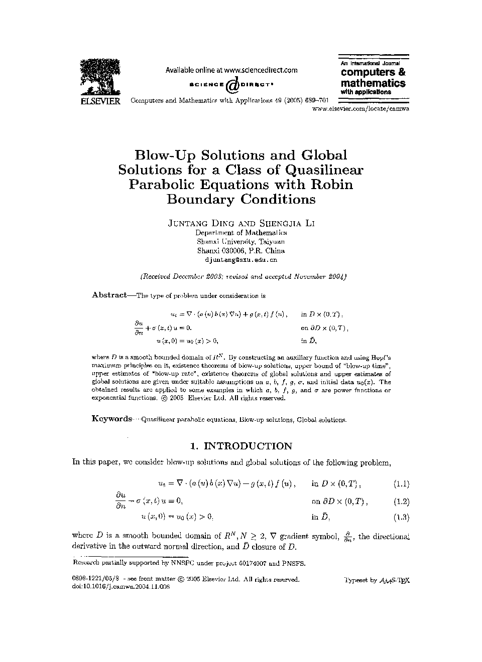 Blow-up solutions and global solutions for a class of quasilinear parabolic equations with robin boundary conditions