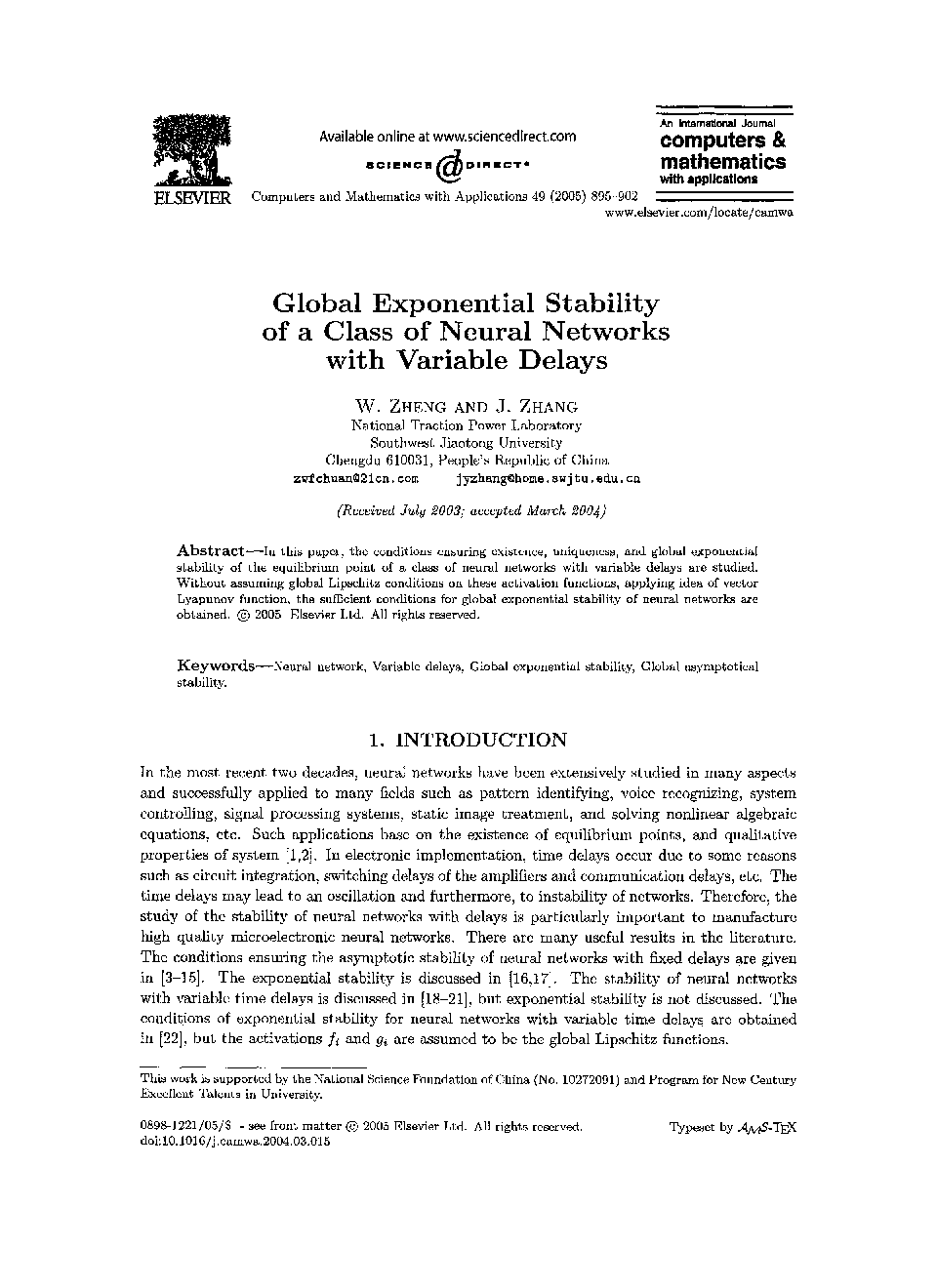 Global exponential stability of a class of neural networks with variable delays