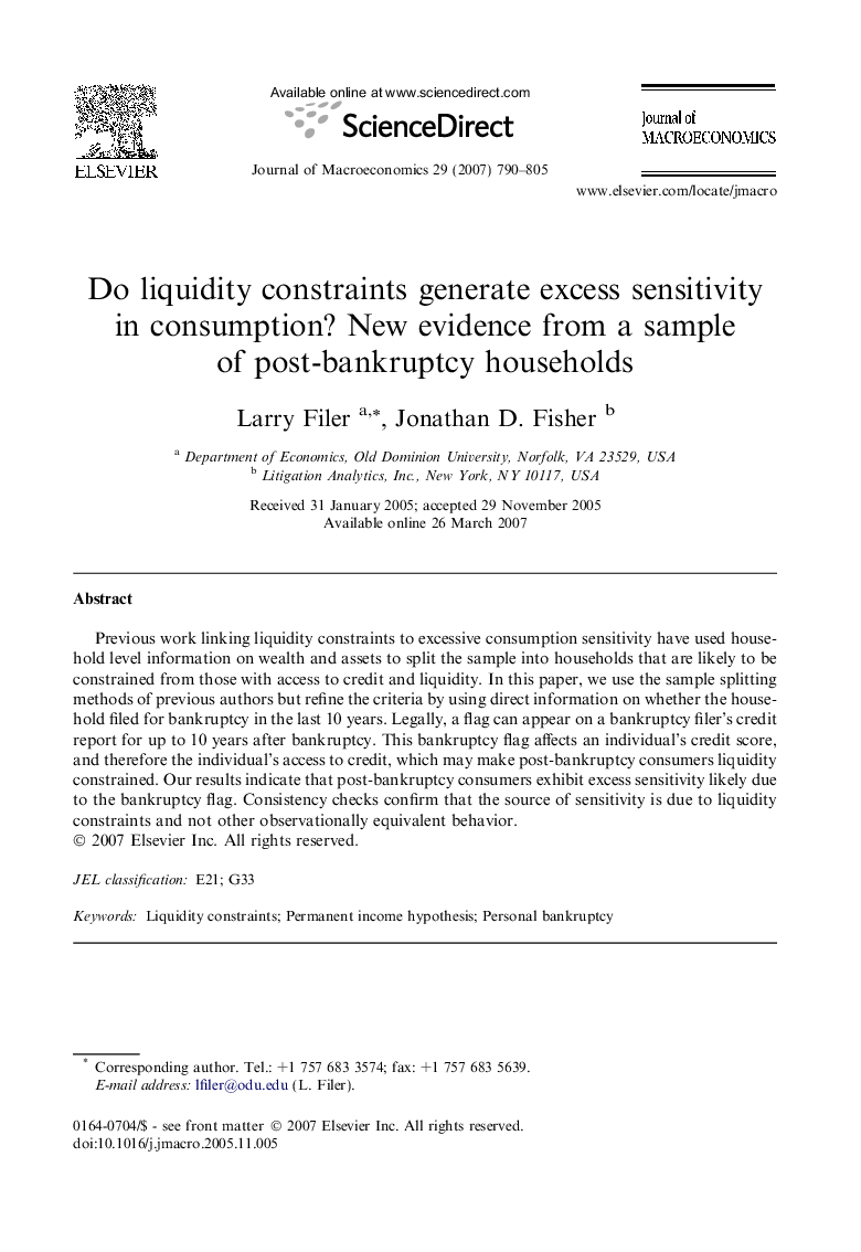 Do liquidity constraints generate excess sensitivity in consumption? New evidence from a sample of post-bankruptcy households