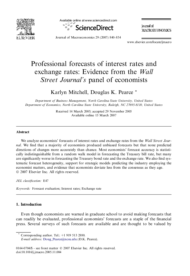 Professional forecasts of interest rates and exchange rates: Evidence from the Wall Street Journal's panel of economists