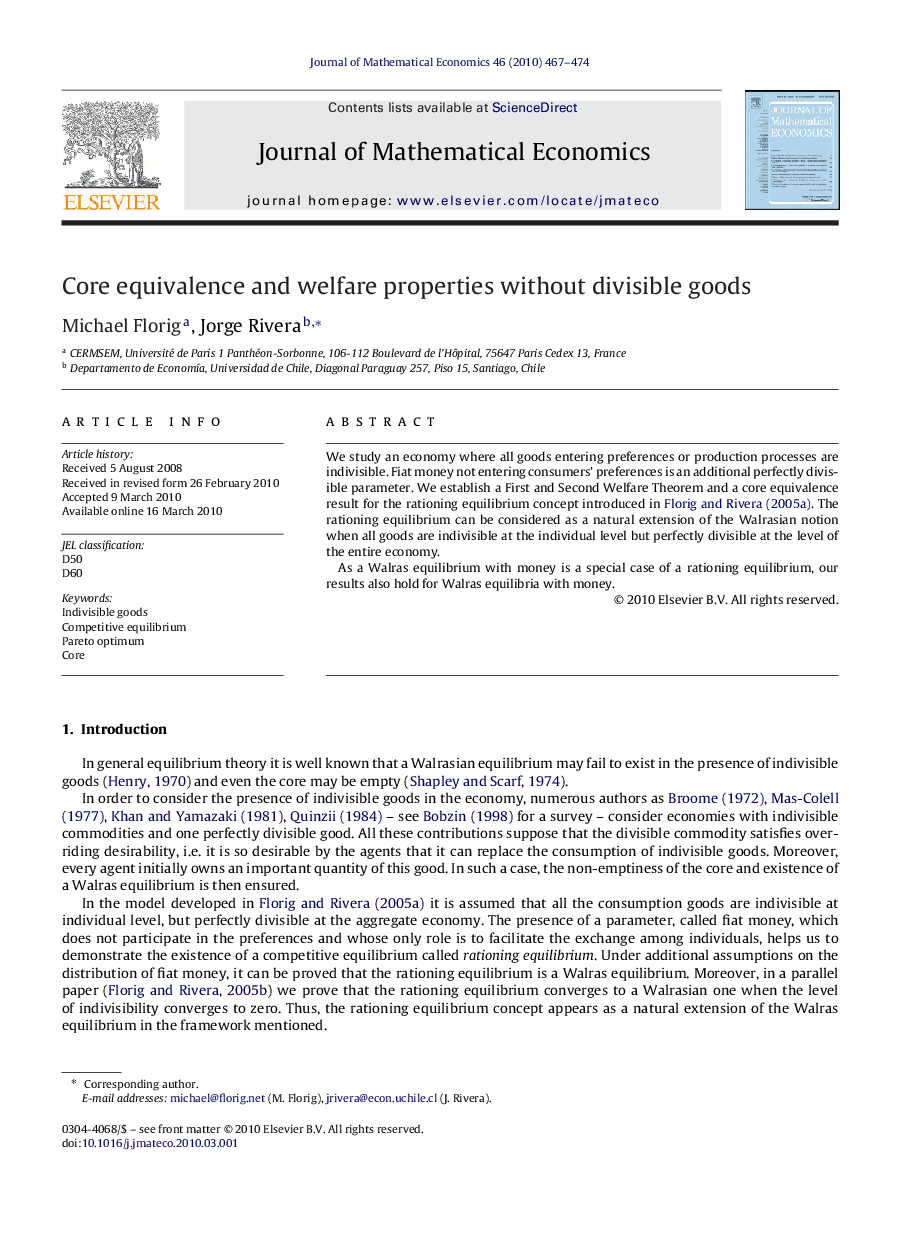 Core equivalence and welfare properties without divisible goods