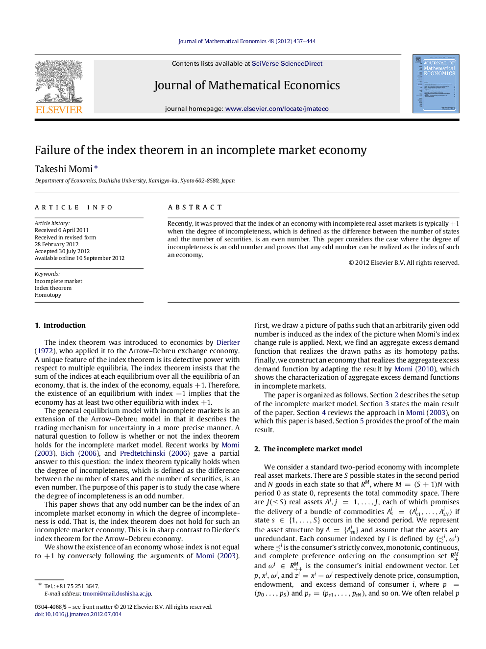 Failure of the index theorem in an incomplete market economy