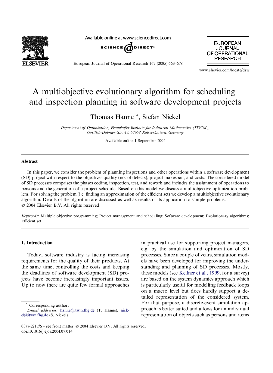 A multiobjective evolutionary algorithm for scheduling and inspection planning in software development projects