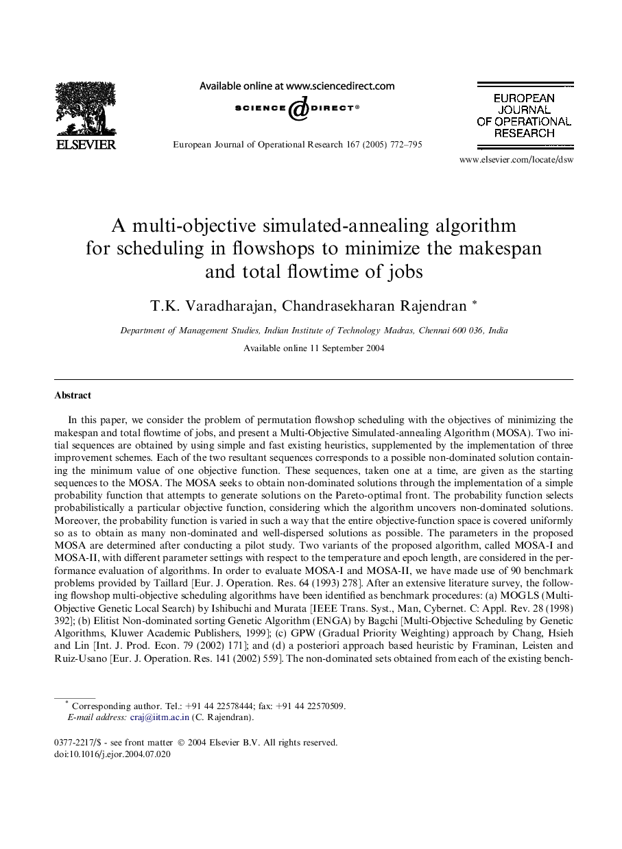 A multi-objective simulated-annealing algorithm for scheduling in flowshops to minimize the makespan and total flowtime of jobs