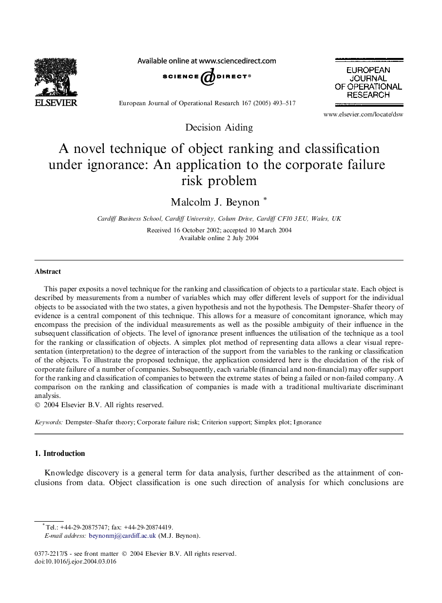 A novel technique of object ranking and classification under ignorance: An application to the corporate failure risk problem