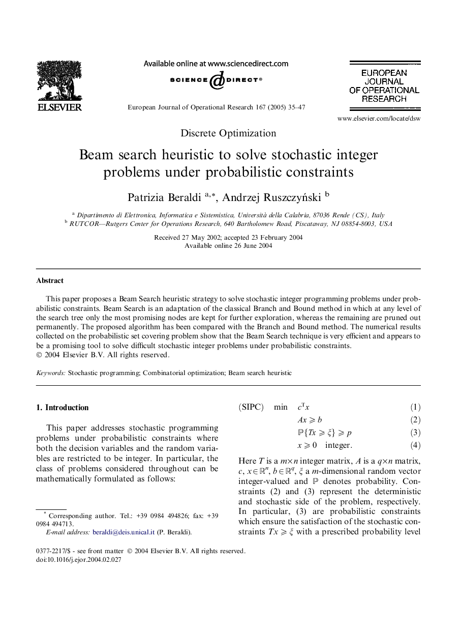 Beam search heuristic to solve stochastic integer problems under probabilistic constraints