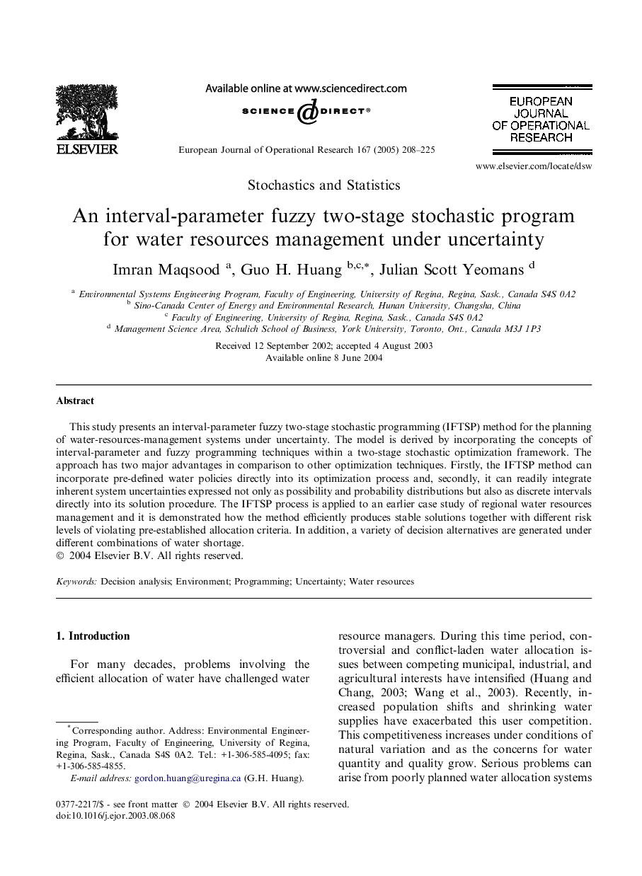 An interval-parameter fuzzy two-stage stochastic program for water resources management under uncertainty