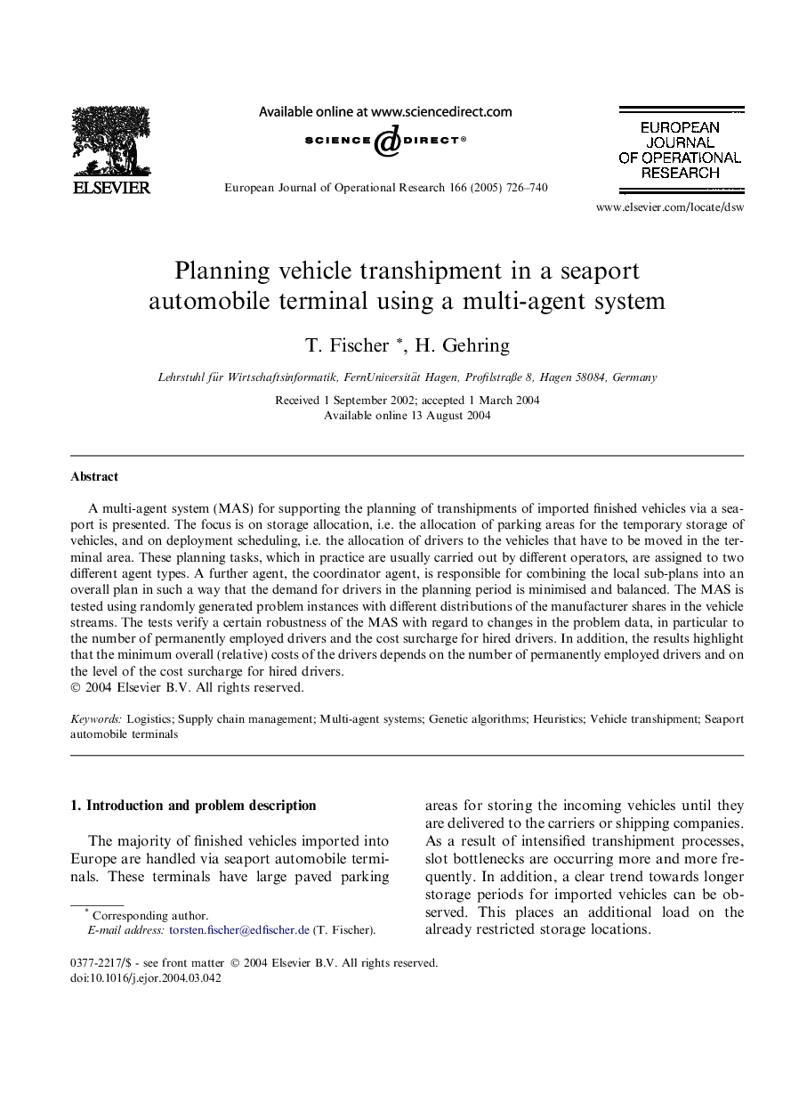 Planning vehicle transhipment in a seaport automobile terminal using a multi-agent system