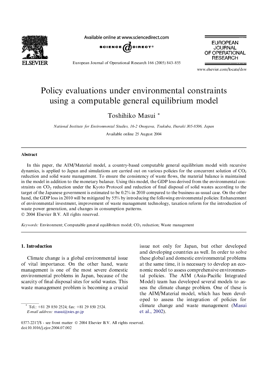 Policy evaluations under environmental constraints using a computable general equilibrium model