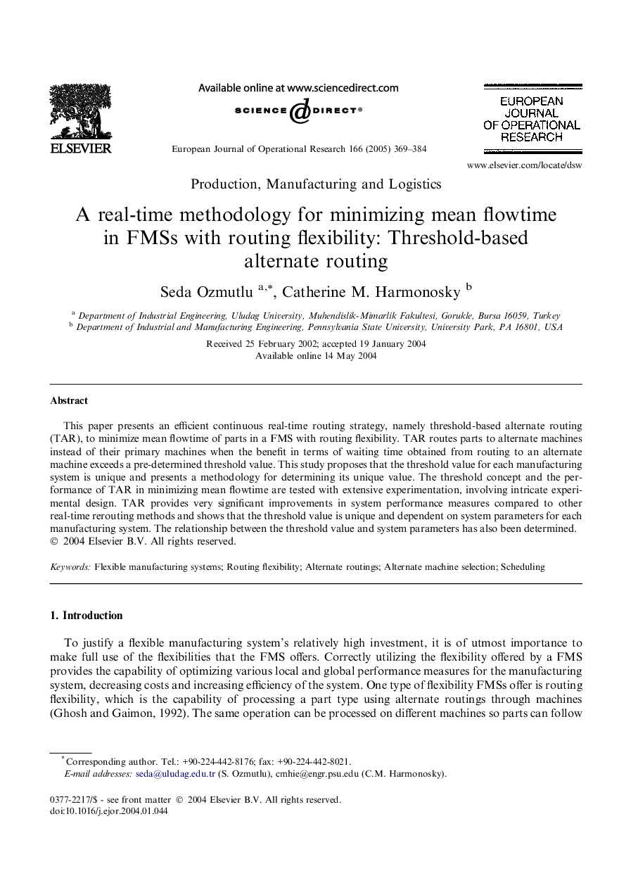 A real-time methodology for minimizing mean flowtime in FMSs with routing flexibility: Threshold-based alternate routing