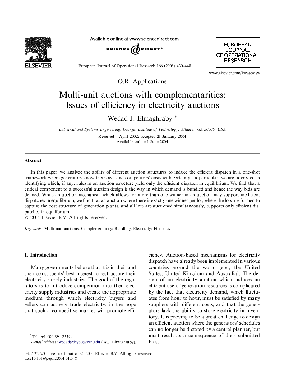 Multi-unit auctions with complementarities: Issues of efficiency in electricity auctions