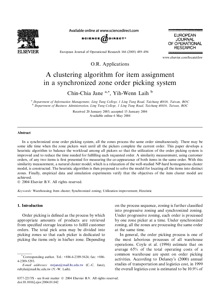 A clustering algorithm for item assignment in a synchronized zone order picking system