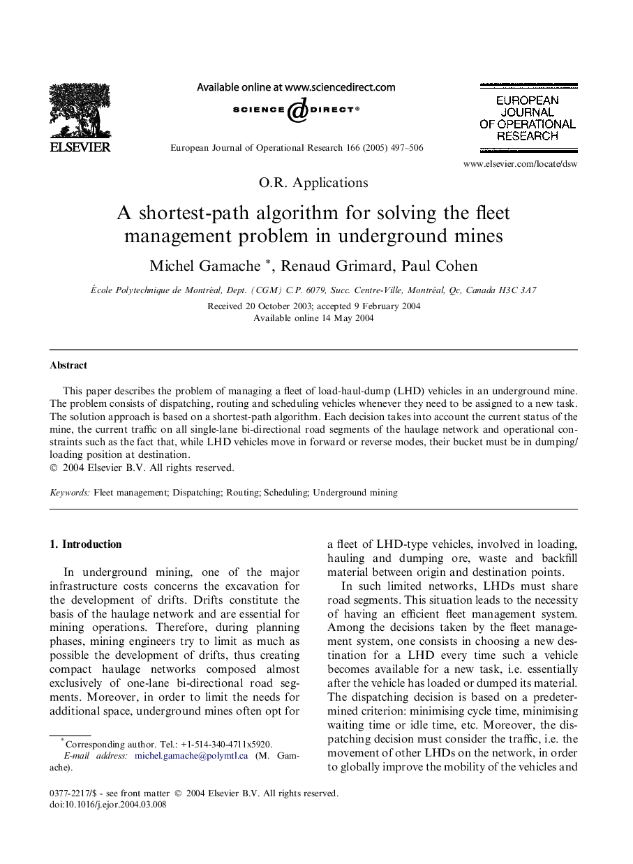 A shortest-path algorithm for solving the fleet management problem in underground mines