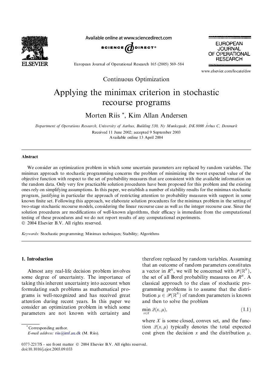 Applying the minimax criterion in stochastic recourse programs