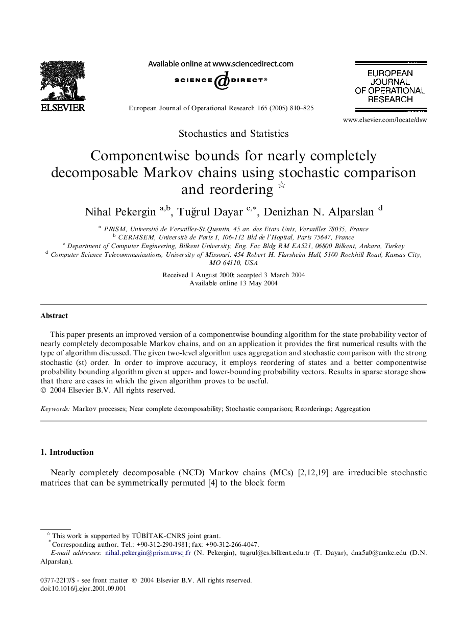 Componentwise bounds for nearly completely decomposable Markov chains using stochastic comparison and reordering