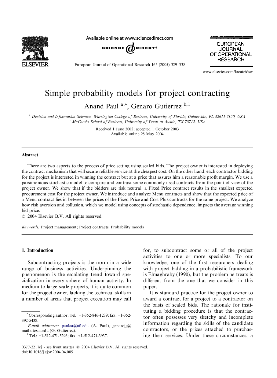 Simple probability models for project contracting