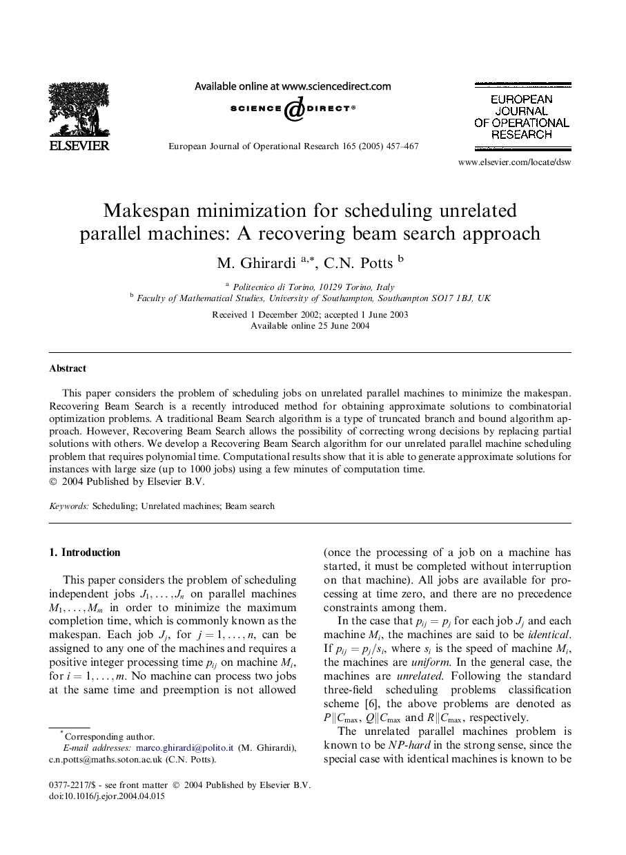 Makespan minimization for scheduling unrelated parallel machines: A recovering beam search approach