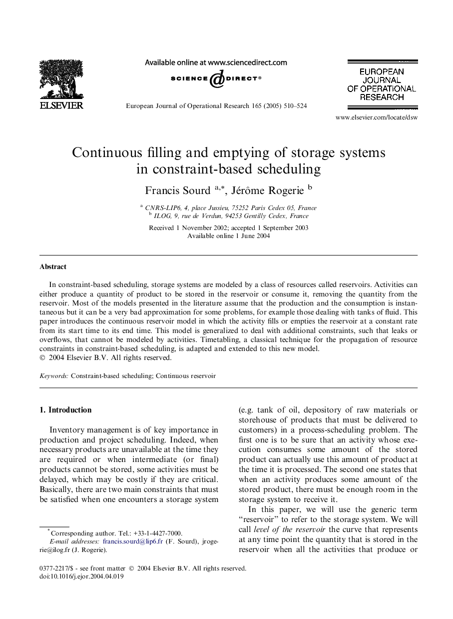 Continuous filling and emptying of storage systems in constraint-based scheduling