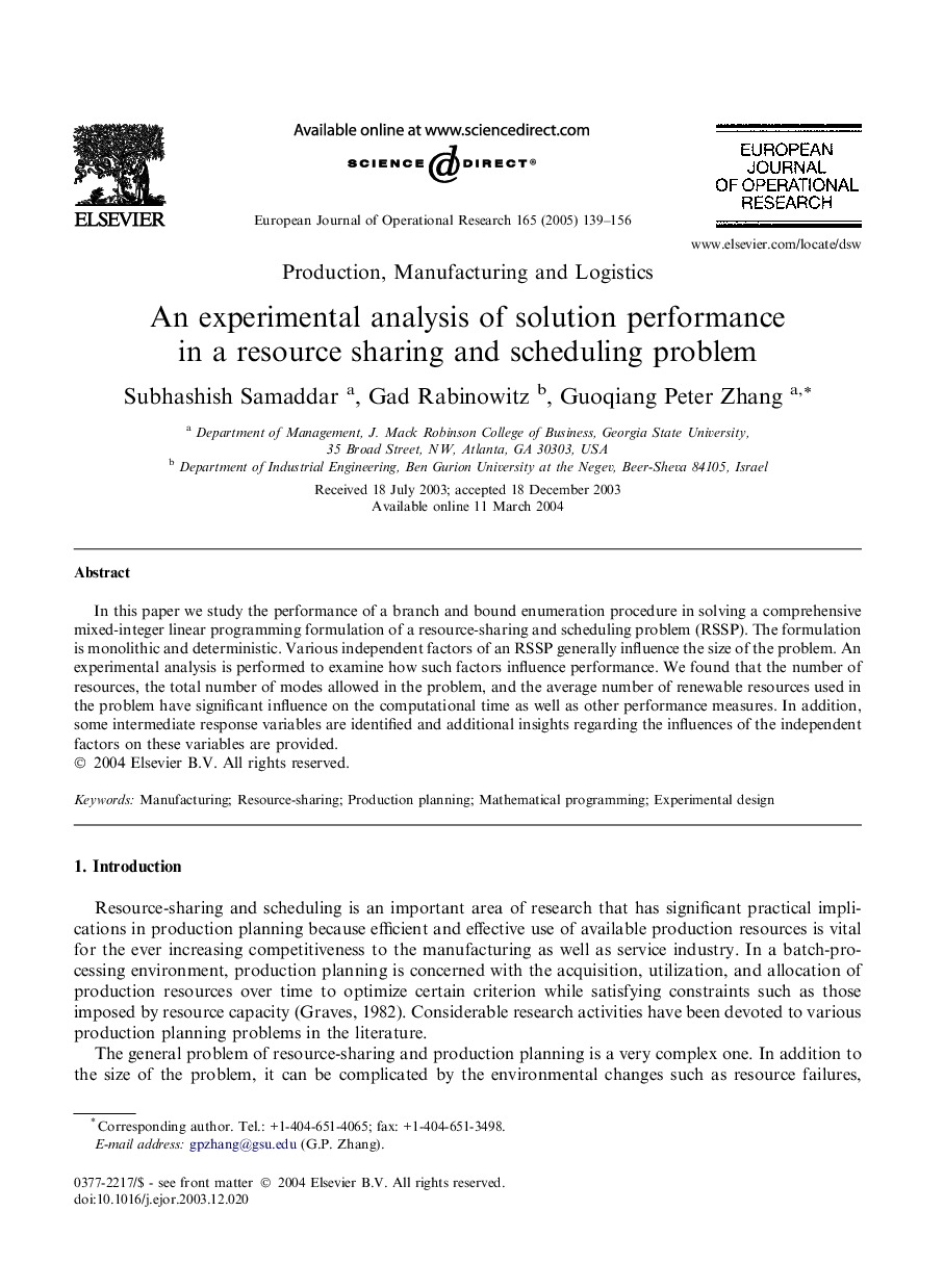 An experimental analysis of solution performance in a resource sharing and scheduling problem