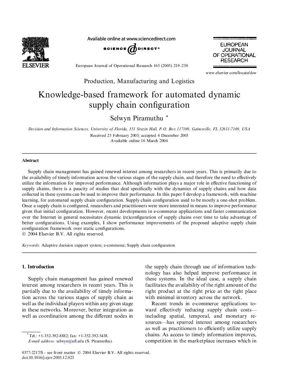 Knowledge-based framework for automated dynamic supply chain configuration