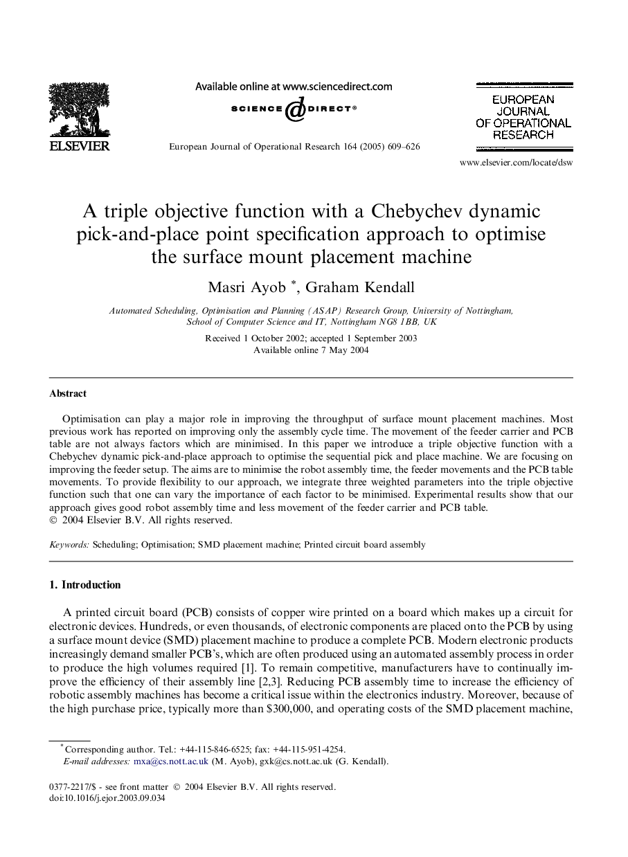 A triple objective function with a Chebychev dynamic pick-and-place point specification approach to optimise the surface mount placement machine