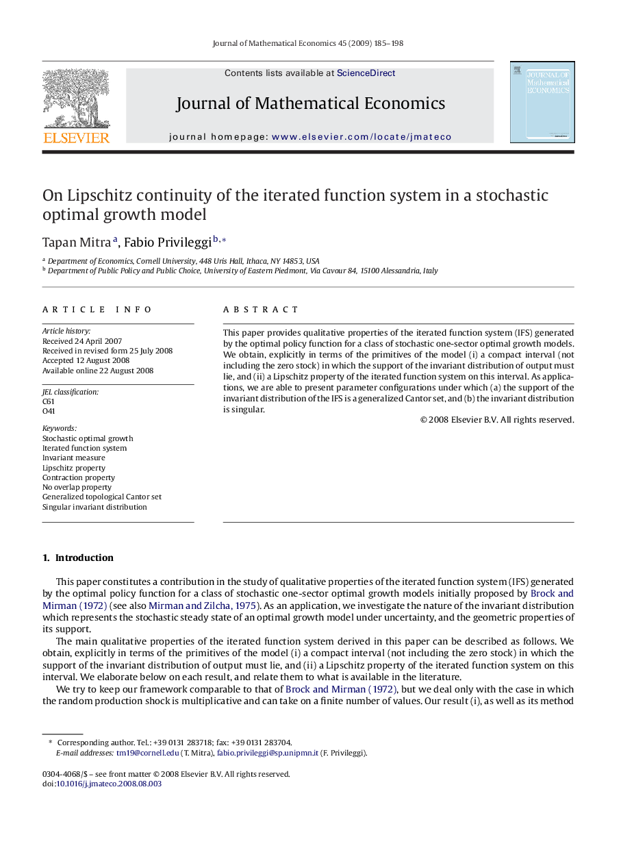 عکس صفحه اول مقاله: On Lipschitz continuity of the iterated function system in a stochastic optimal growth model On Lipschitz continuity of the iterated function system in a stochastic optimal growth model