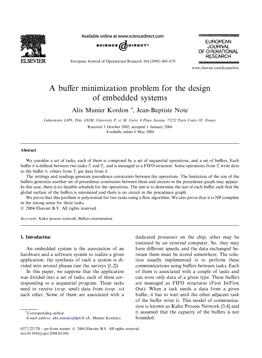 A buffer minimization problem for the design of embedded systems