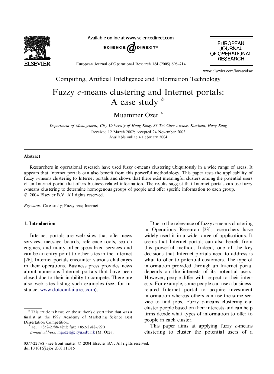 Fuzzy c-means clustering and Internet portals: A case study