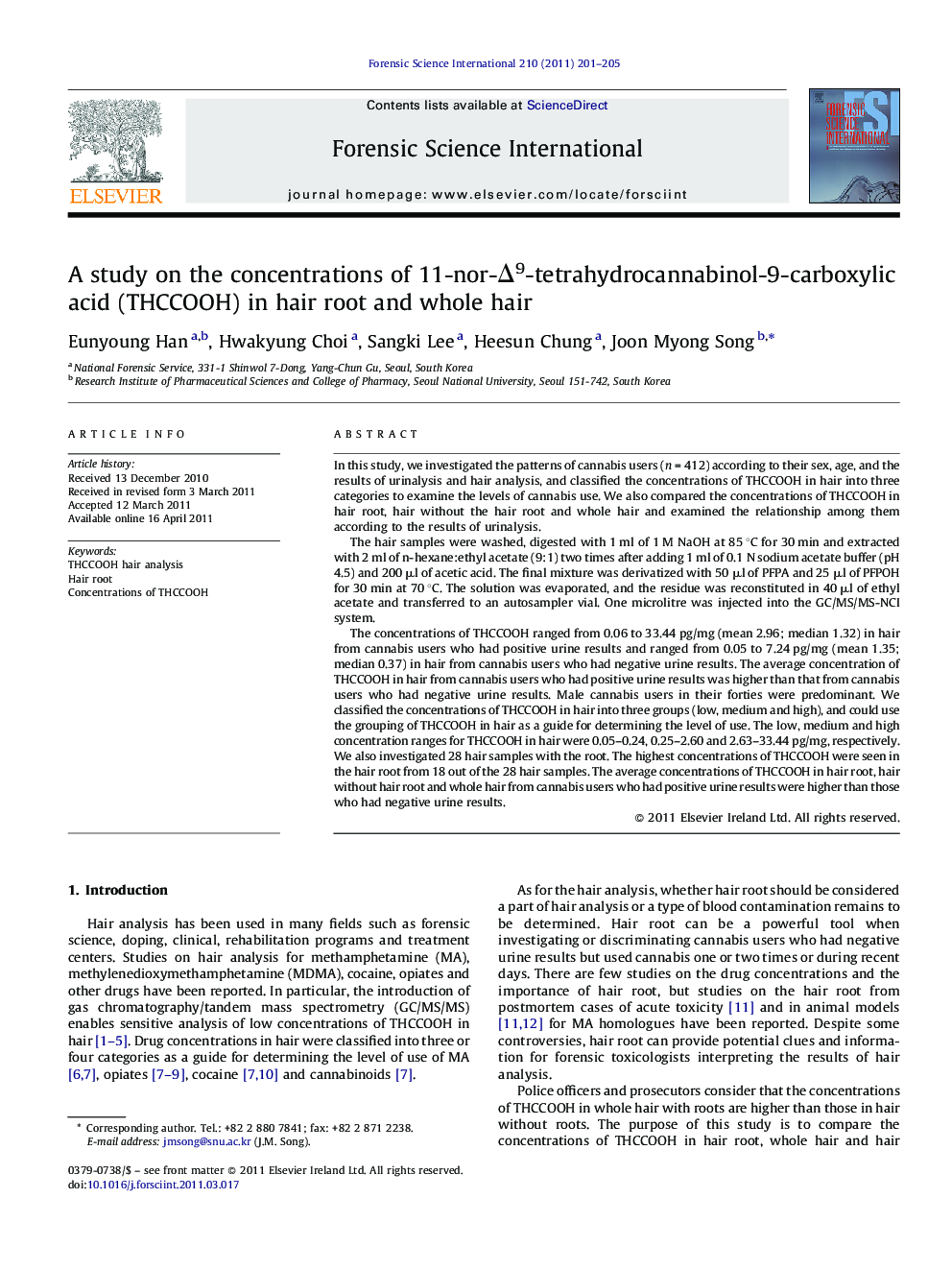 عکس صفحه اول مقاله: A study on the concentrations of 11-nor-Δ9-tetrahydrocannabinol-9-carboxylic acid (THCCOOH) in hair root and whole hair A study on the concentrations of 11-nor-Δ9-tetrahydrocannabinol-9-carboxylic acid (THCCOOH) in hair root and whole hair