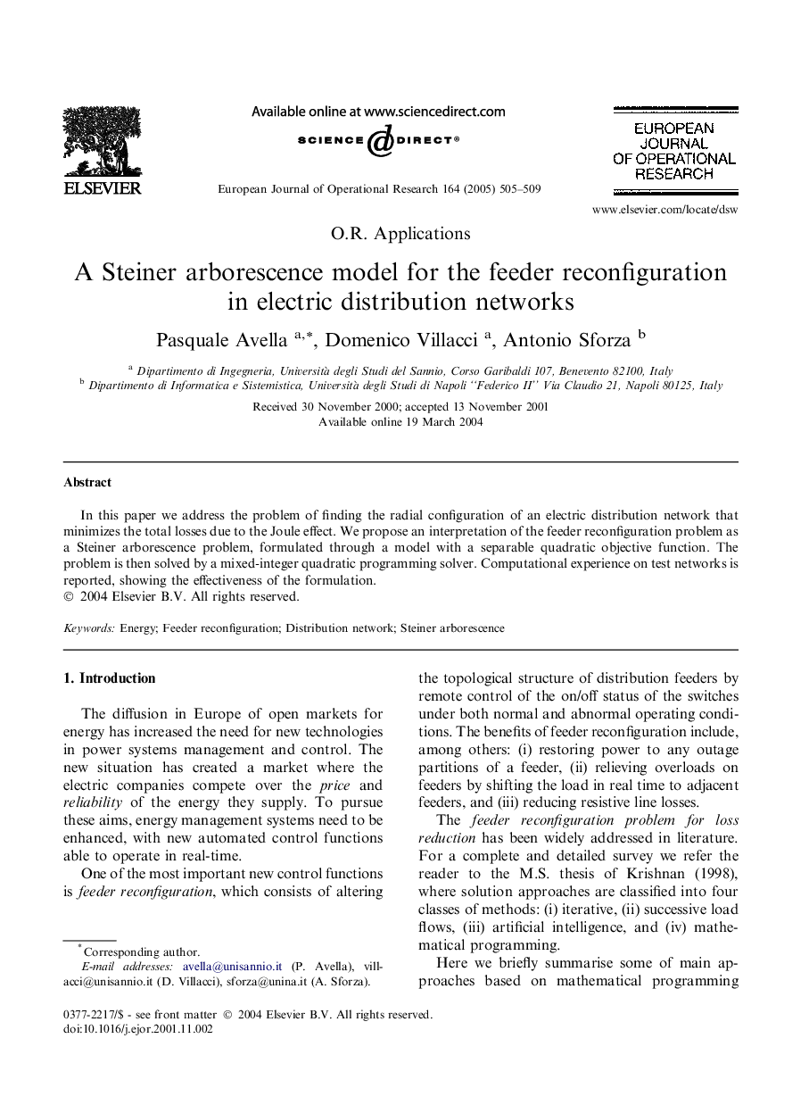 A Steiner arborescence model for the feeder reconfiguration in electric distribution networks