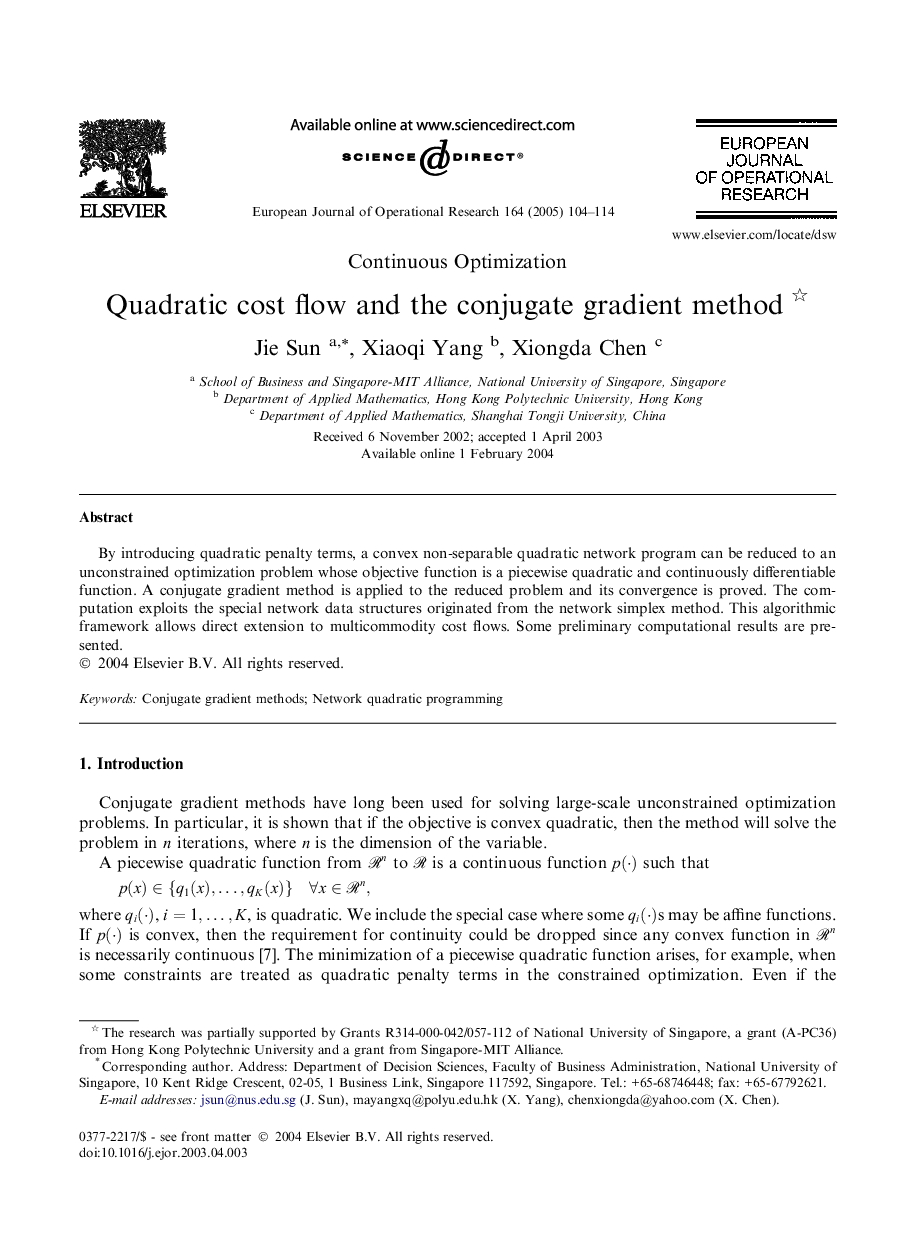 Quadratic cost flow and the conjugate gradient method