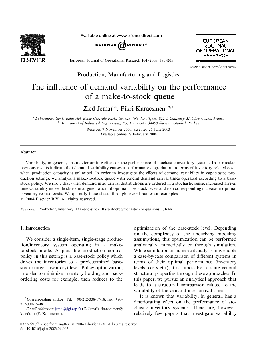 The influence of demand variability on the performance of a make-to-stock queue