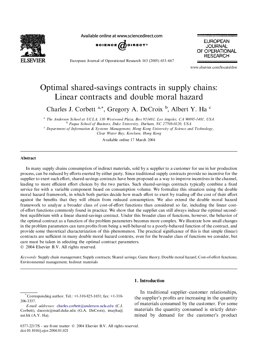 Optimal shared-savings contracts in supply chains: Linear contracts and double moral hazard