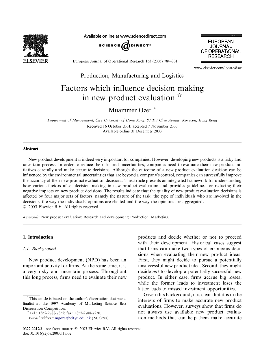 Factors which influence decision making in new product evaluation