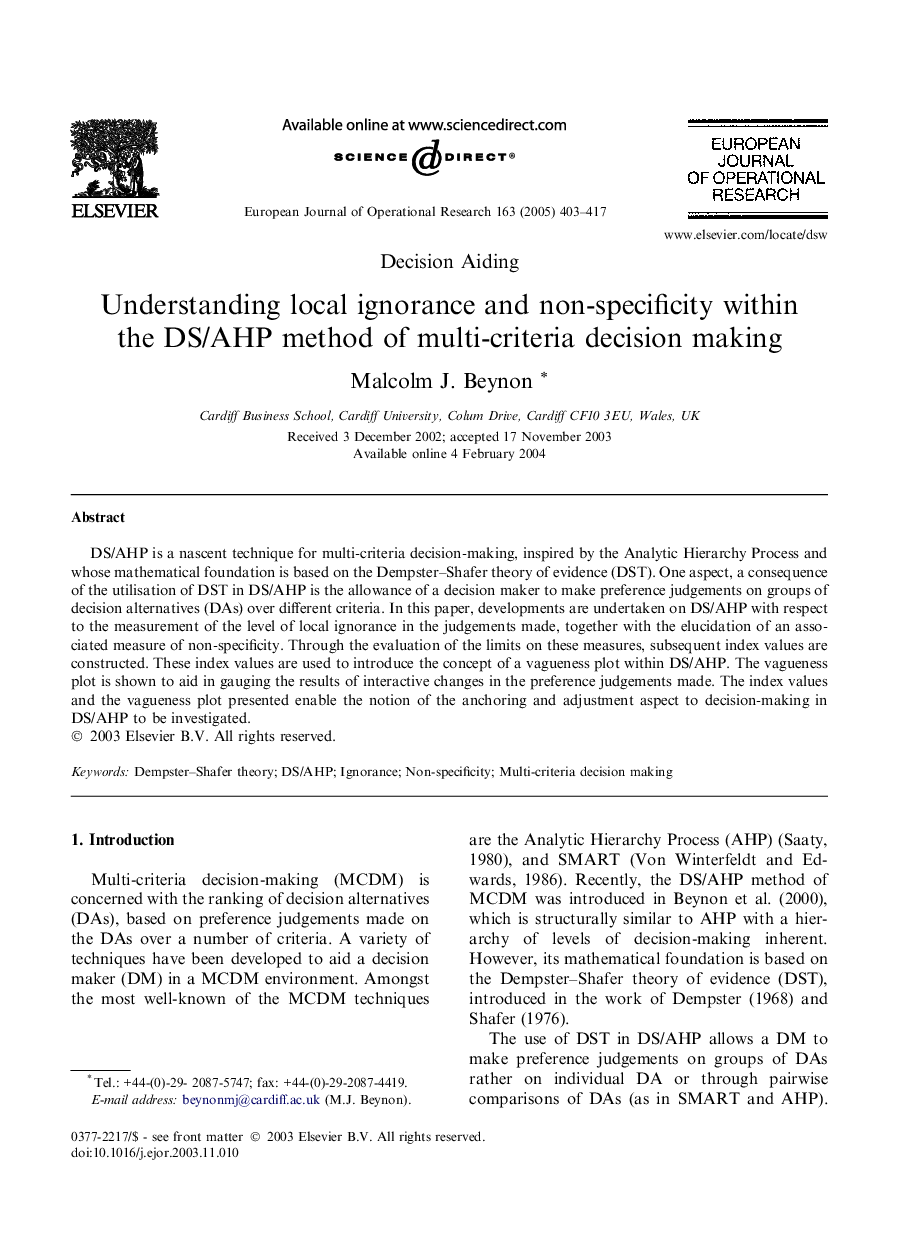 Understanding local ignorance and non-specificity within the DS/AHP method of multi-criteria decision making