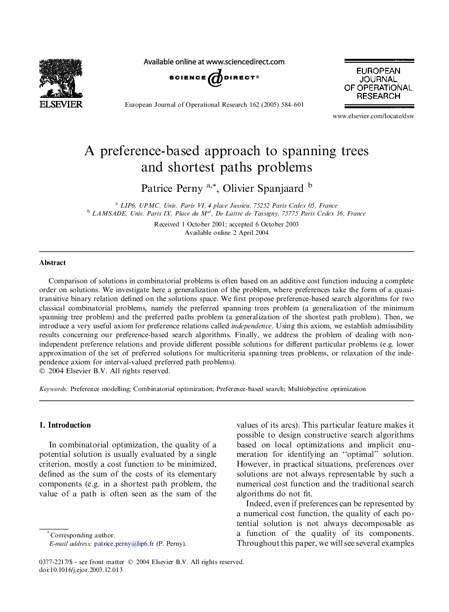 A preference-based approach to spanning trees and shortest paths problems****