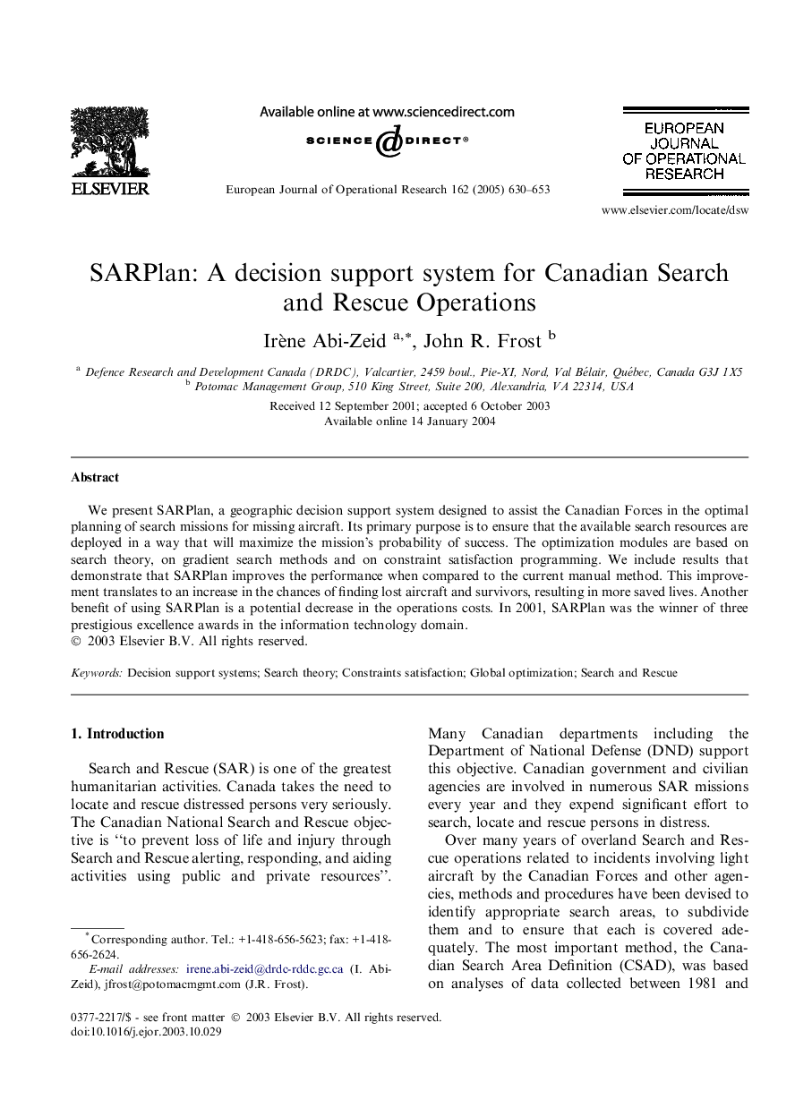 SARPlan: A decision support system for Canadian Search and Rescue Operations