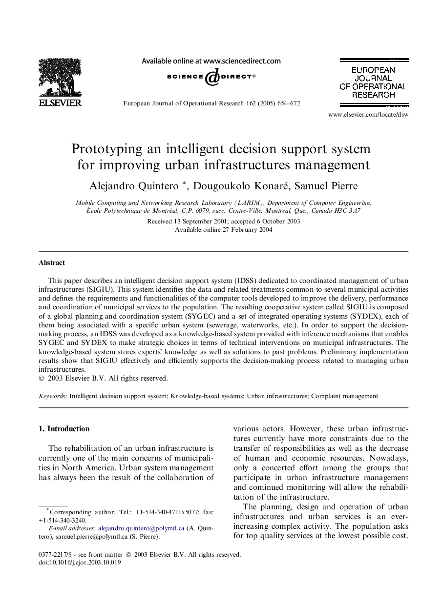 Prototyping an intelligent decision support system for improving urban infrastructures management