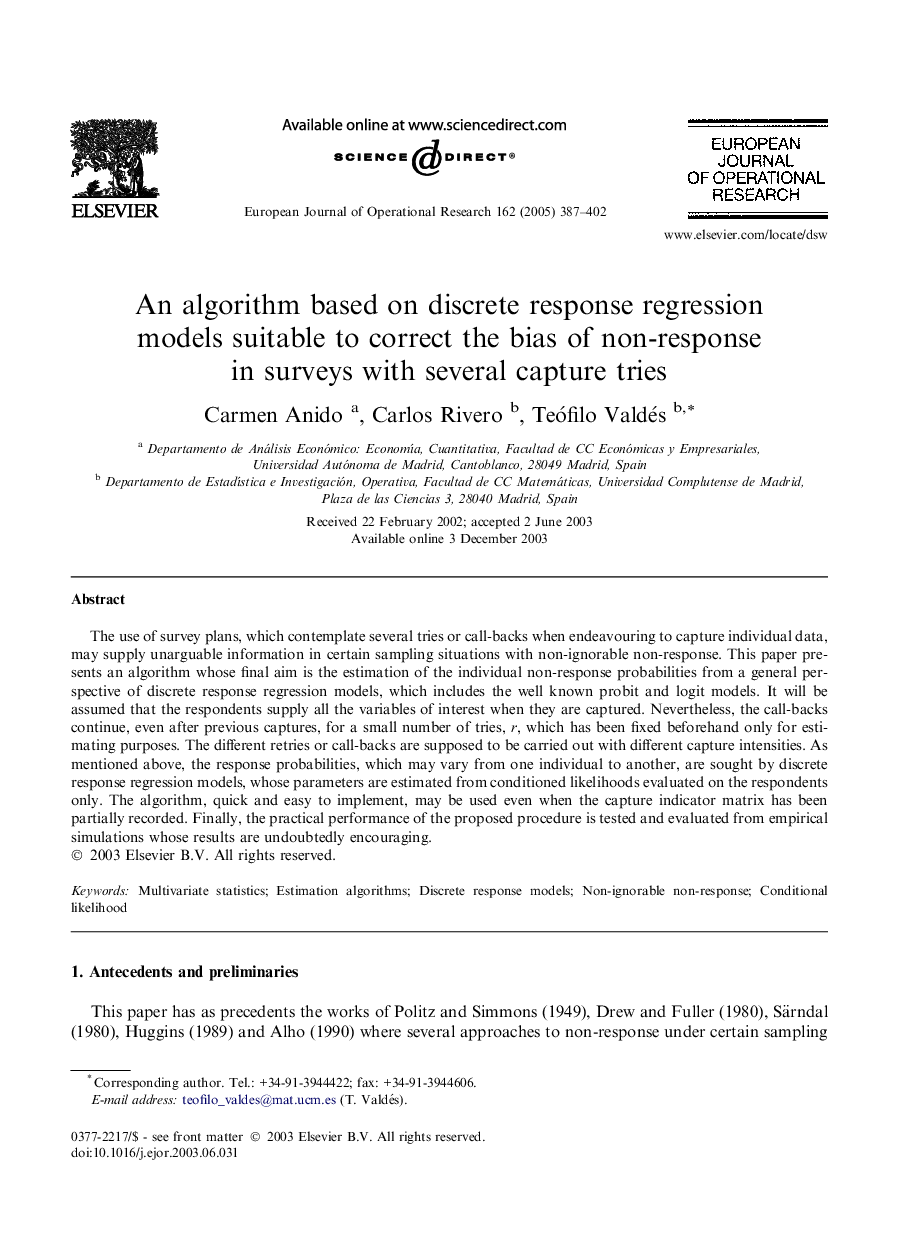 An algorithm based on discrete response regression models suitable to correct the bias of non-response in surveys with several capture tries