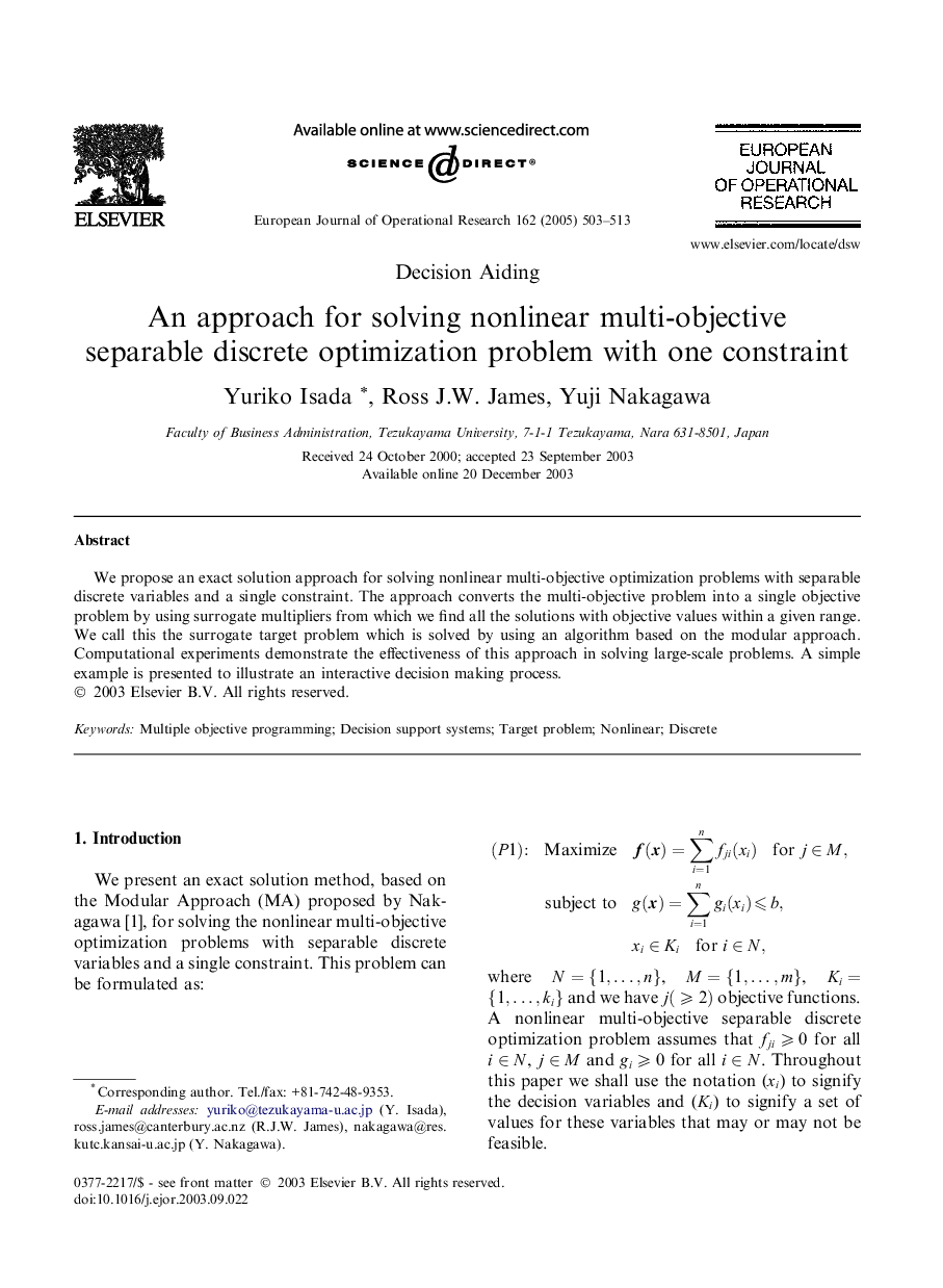 An approach for solving nonlinear multi-objective separable discrete optimization problem with one constraint