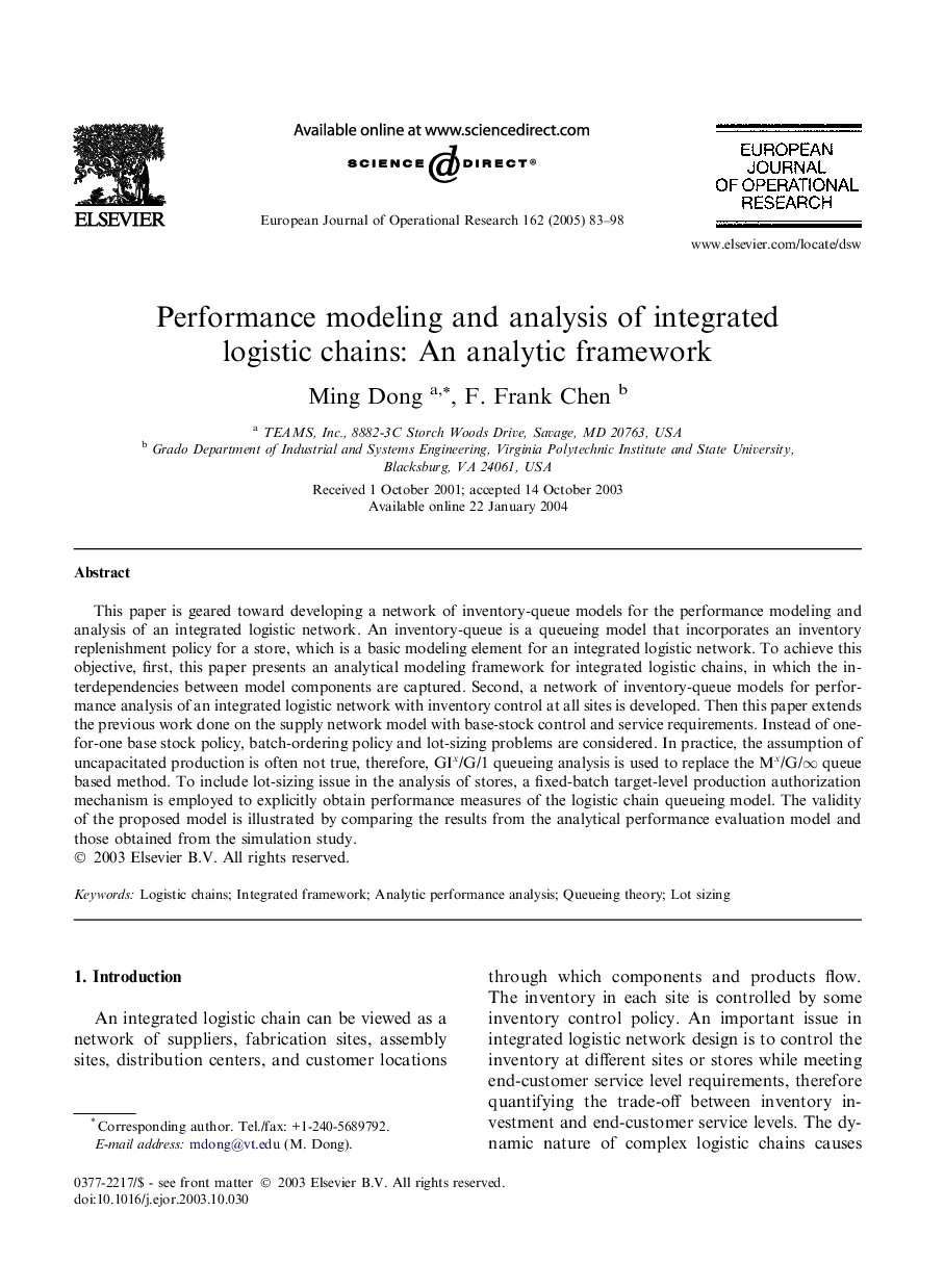 Performance modeling and analysis of integrated logistic chains: An analytic framework