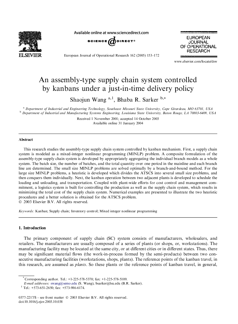 An assembly-type supply chain system controlled by kanbans under a just-in-time delivery policy
