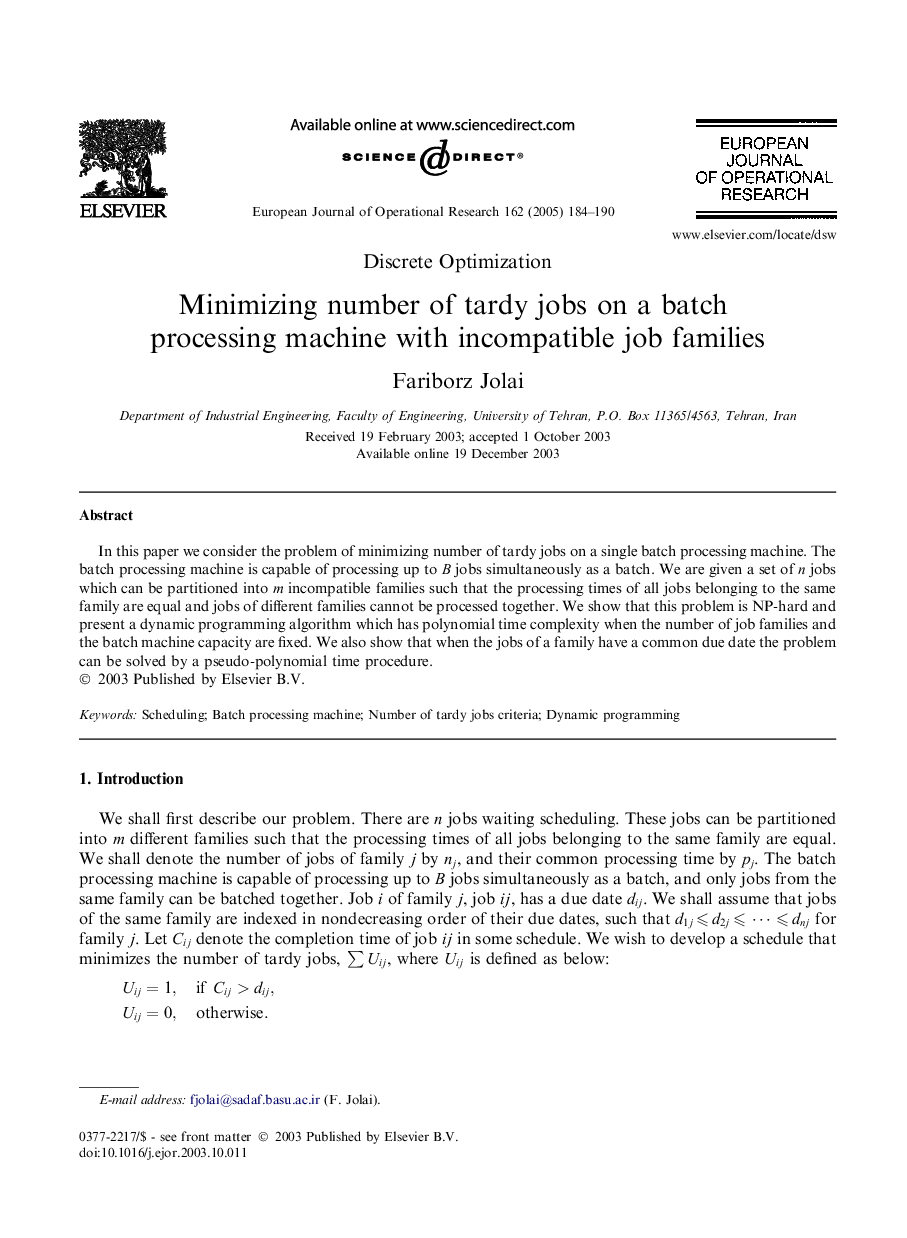 Minimizing number of tardy jobs on a batch processing machine with incompatible job families